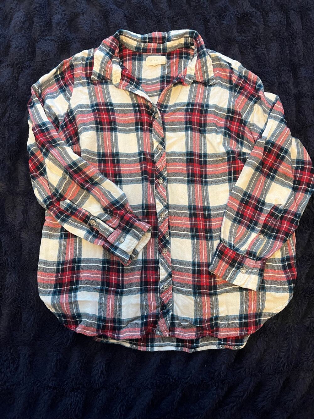 Melloday Women’s 1X Plaid Button Down Shirt Red Blue Rayon Long Sleeve